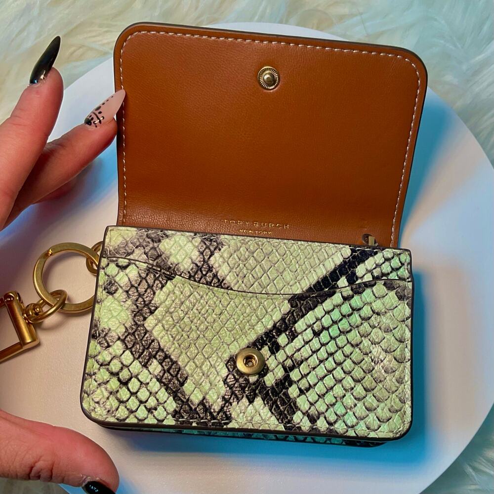 NEW $198 Tory Burch Flap Card Case Wallet Snake Python Animal Exotic Mint Green - Picture 4 of 6